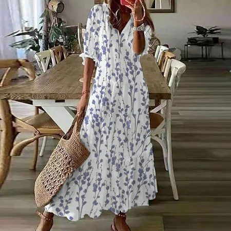 Horkkom A Line Dresses for Women Summer Casual Beach Maxi Dresses Short Sleeve Tassel Tie Neck Boho Dresses Blue M | Walmart (US)
