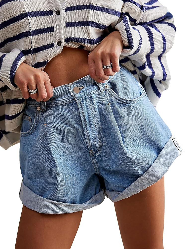 Womens Jean Shorts, Stretchy Denim Shorts with Pockets Elastic Waisted Relaxed Fit | Amazon (US)