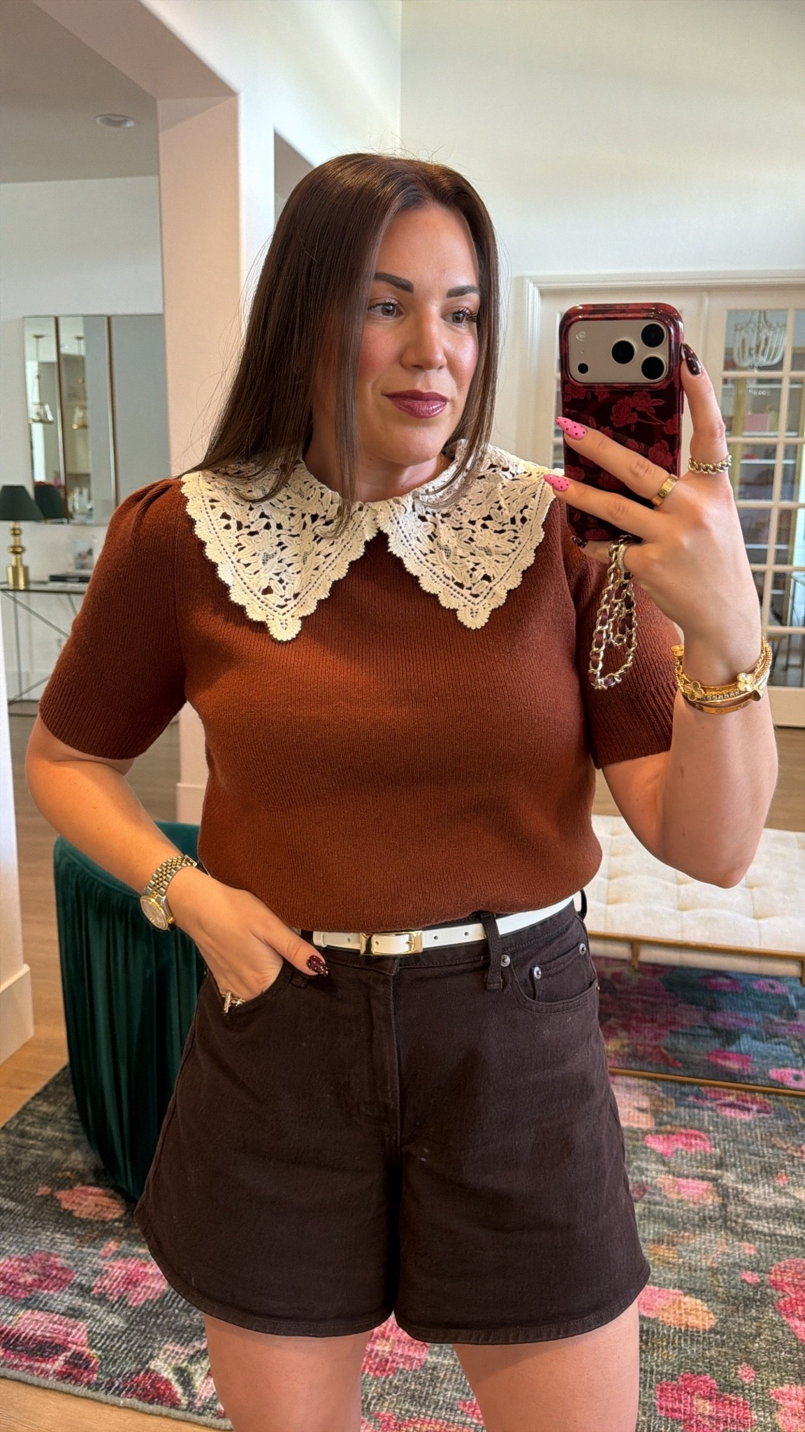 curvy midsize fall look! wearing size medium in short sleeve rust sweater with lace collar and size 30 in chocolate brown denim shorts 🤎

#LTKSeasonal #LTKMidsize