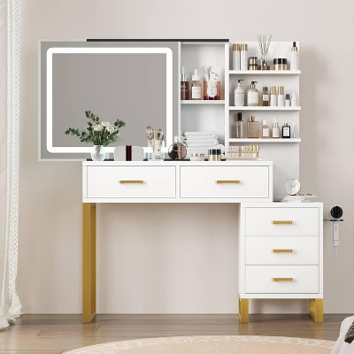 Makeup Vanity Desk w/Sliding Mirror and Lights, Large Vanity Desk-3 Lighting Modes w/Charging Station, 5 Large Drawers and 3 Tiers of Open Shelves | Target