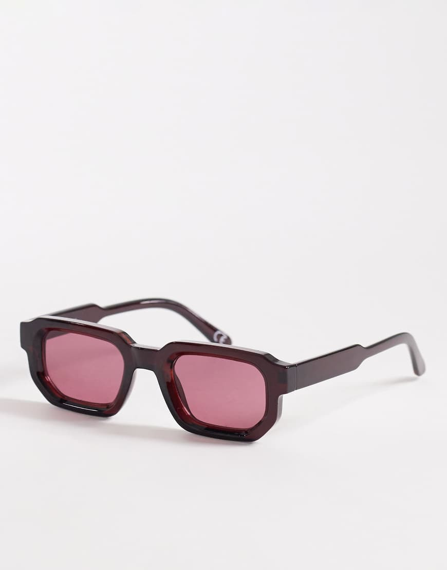 ASOS DESIGN chunky rectangle sunglasses in burgundy with burgundy lens-Red | ASOS (Global)