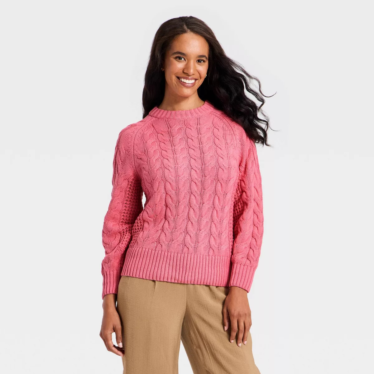 Women's Long Sleeve Round Neck Cable Sweater - A New Day™ | Target