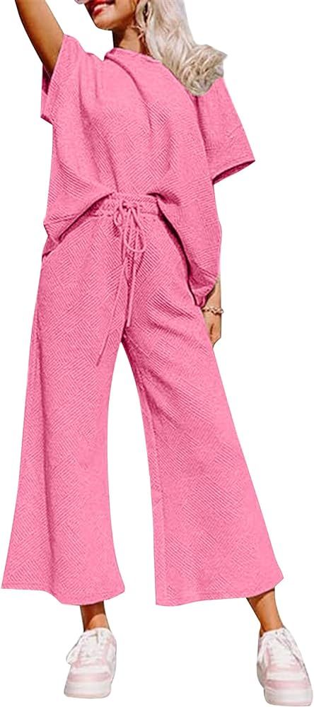 Lounge Sets for Women 2 Piece Outfits Knit Short Sleeve Pullover Tops and Wide Leg Pants Summer L... | Amazon (US)