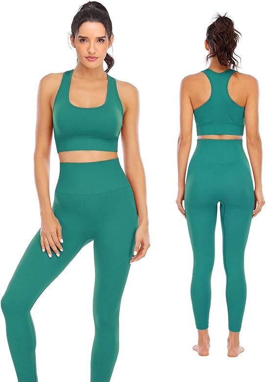 Workout Sets for Women 2 Piece High Waisted Seamless Leggings with Padded Sports Bra Sets Yoga Outfi | Amazon (US)