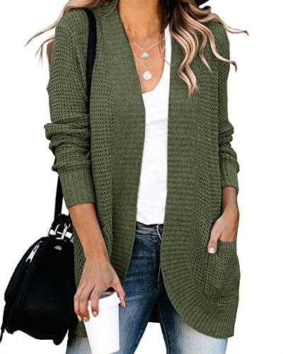 Saodimallsu Womens Loose Open Front Cardigan Long Sleeve Casual Lightweight Soft Knit Sweaters Coat with Pockets (Small, Army Green) | Amazon (US)