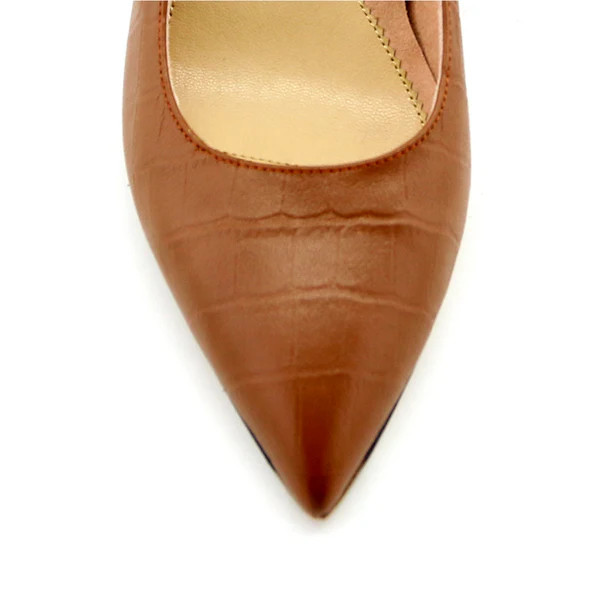 Cognac Embossed Leather Mary Jane Slingback Kitten Heel | ALLY Shoes
