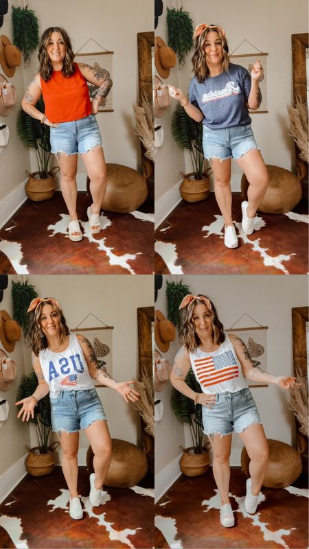 Memorial Day Weekend / 4th of July outfit ideas! Wearing my TTS in denim stretchy shorts. Large in graphic tank top. Medium in top half of two piece set red. Wearing medium in navy blue graphic tee. Red white and blue outfit. 

#LTKStyleTip #LTKFindsUnder50 #LTKSeasonal