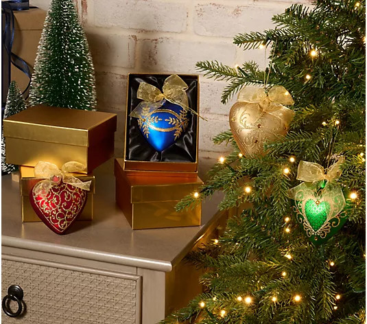 Set of 4 Glass Heart Ornaments in Gift Boxes by Valerie - QVC.com | QVC