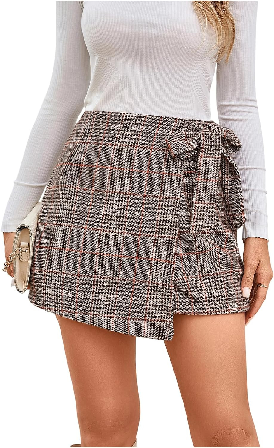 MakeMeChic Women's Houndstooth Wrap Skort Tie High Waisted Dressy Shorts | Amazon (US)
