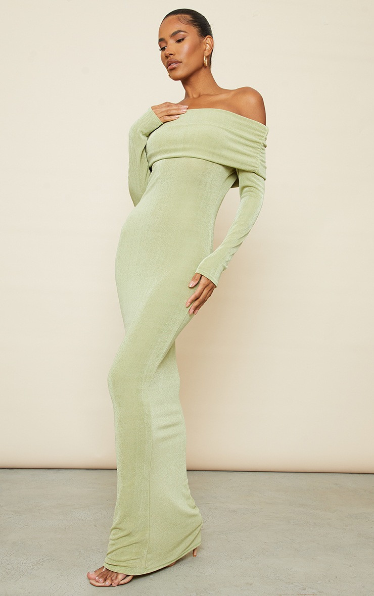 Sage Green Acetate Slinky Bardot Long Sleeve Maxi Dress | PrettyLittleThing UK