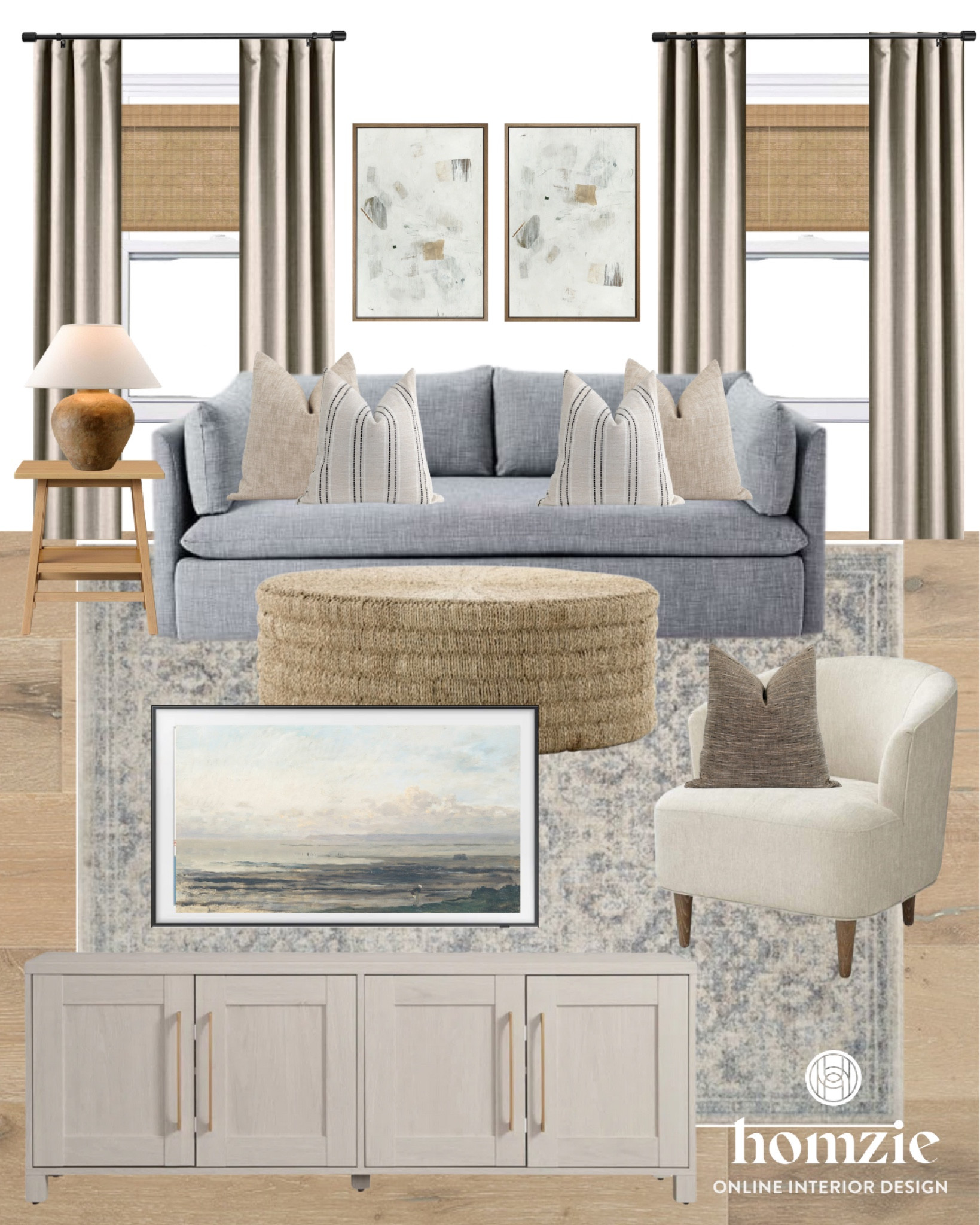 Living room, living room design, living room decor, living room inspiration, living room inspo, living room mood board, mood board, Angela rose, loloi, modern classic living room, blue couch, blue sofa, woven coffee table, studio McGee, white console, blue rug, living room rug, wall art, living room wall art, console table, buffet, neutral decor, home decor, 

#LTKhome