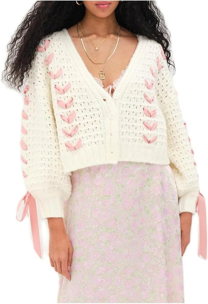 Women Cute Bow Knit Sweater Long Sleeve Bow Front Knitted Pullover Lace Up Cable Jumper Knitwear ... | Amazon (US)