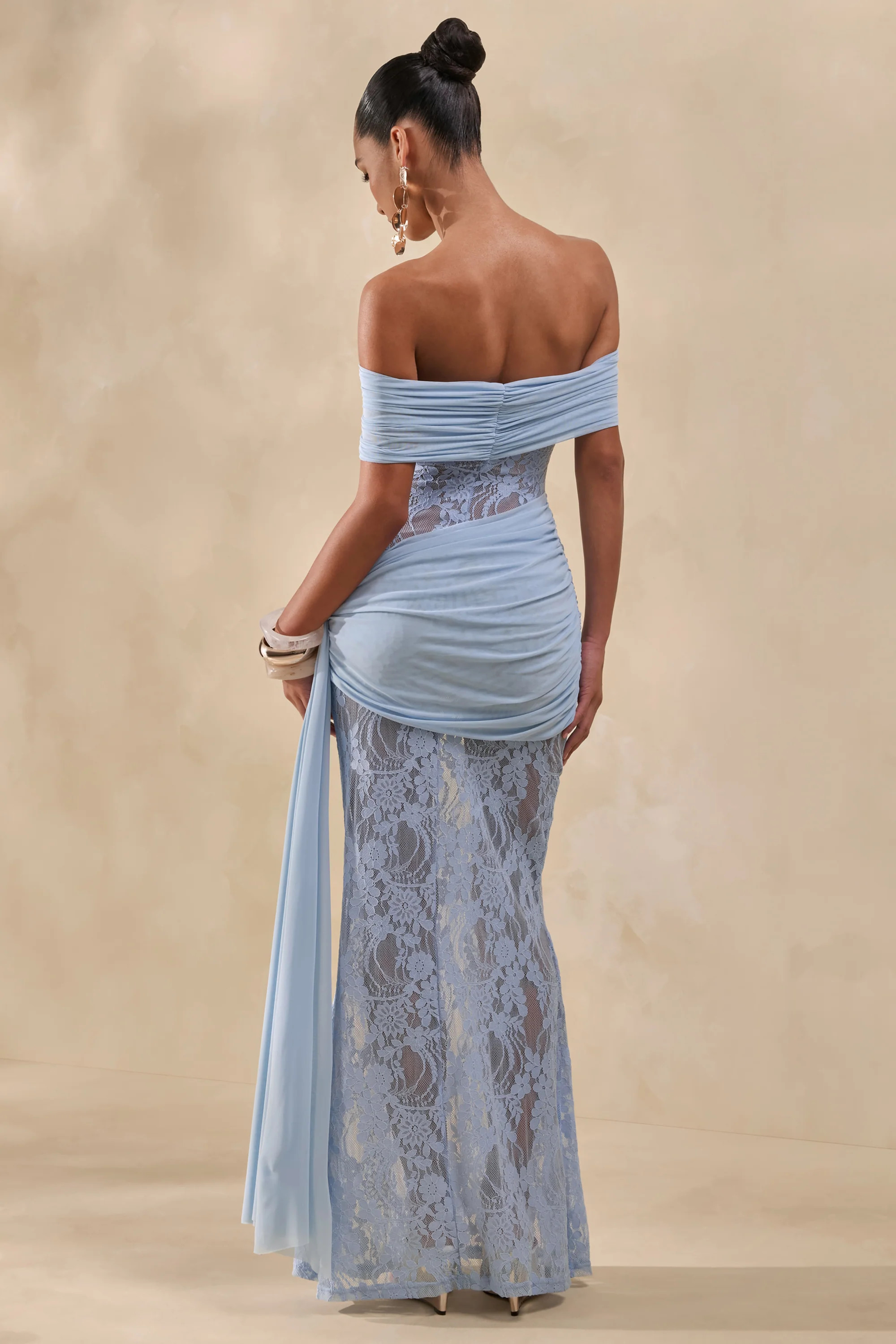 Enavine | Powder Blue Lace Bardot-Neck Maxi Dress With Gathered-Detailing And Sash | Club L London