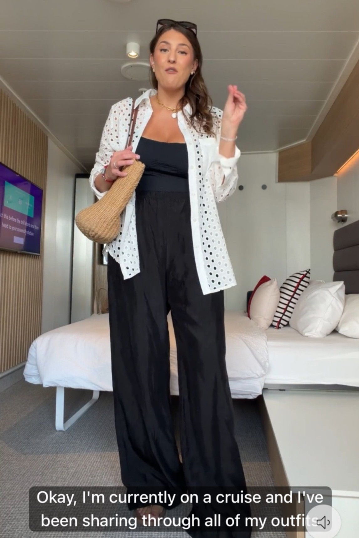 Cruise dinner outfit with elevated resort style 🖤

Cruise outfit, black jumpsuit, vacation outfit, resort wear, travel outfit, black wide leg pants, eyelet button down shirt, woven handbag, summer vacation style, chic travel look, European summer outfit, cruise fashion, elevated casual outfit, vacation wardrobe, neutral accessories, effortless style, resort fashion.

#LTKTravel #LTKTall #LTKSeasonal