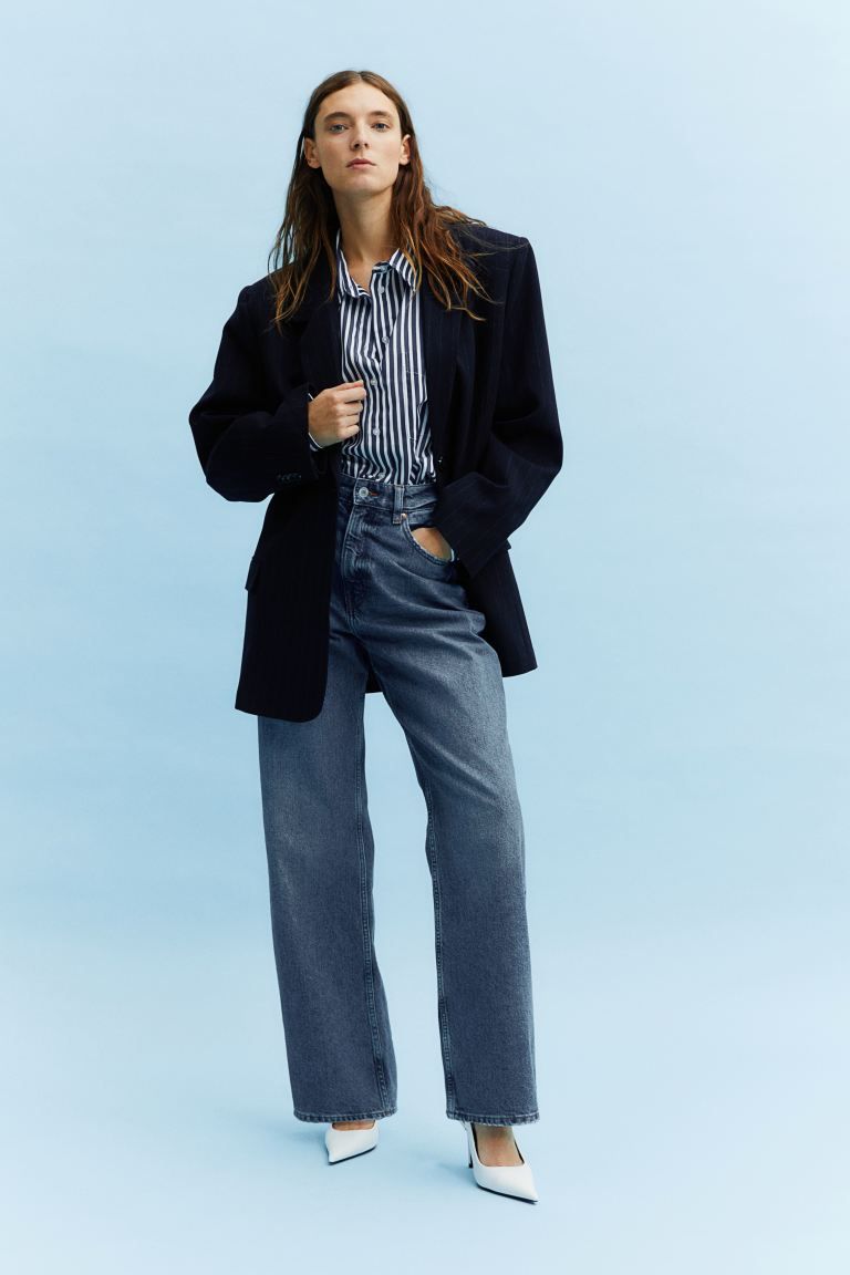 Oversized pinstriped blazer - Long sleeve - Regular length - Navy blue/Pinstriped - Ladies | H&M ... | H&M (UK, MY, IN, SG, PH, TW, HK)