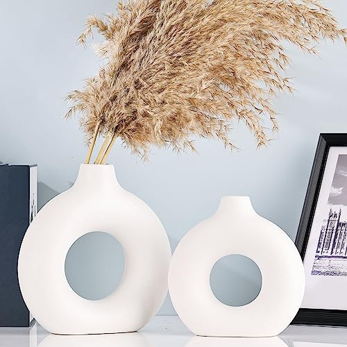White Ceramics Vase for Home Decor -Boho White Vase Set of 2 Circular Flowers Vase Modern White Decor - Home Decoration for Kitchen Table, Living Room Side Table, Fire Place or Flower Shop | Amazon (US)
