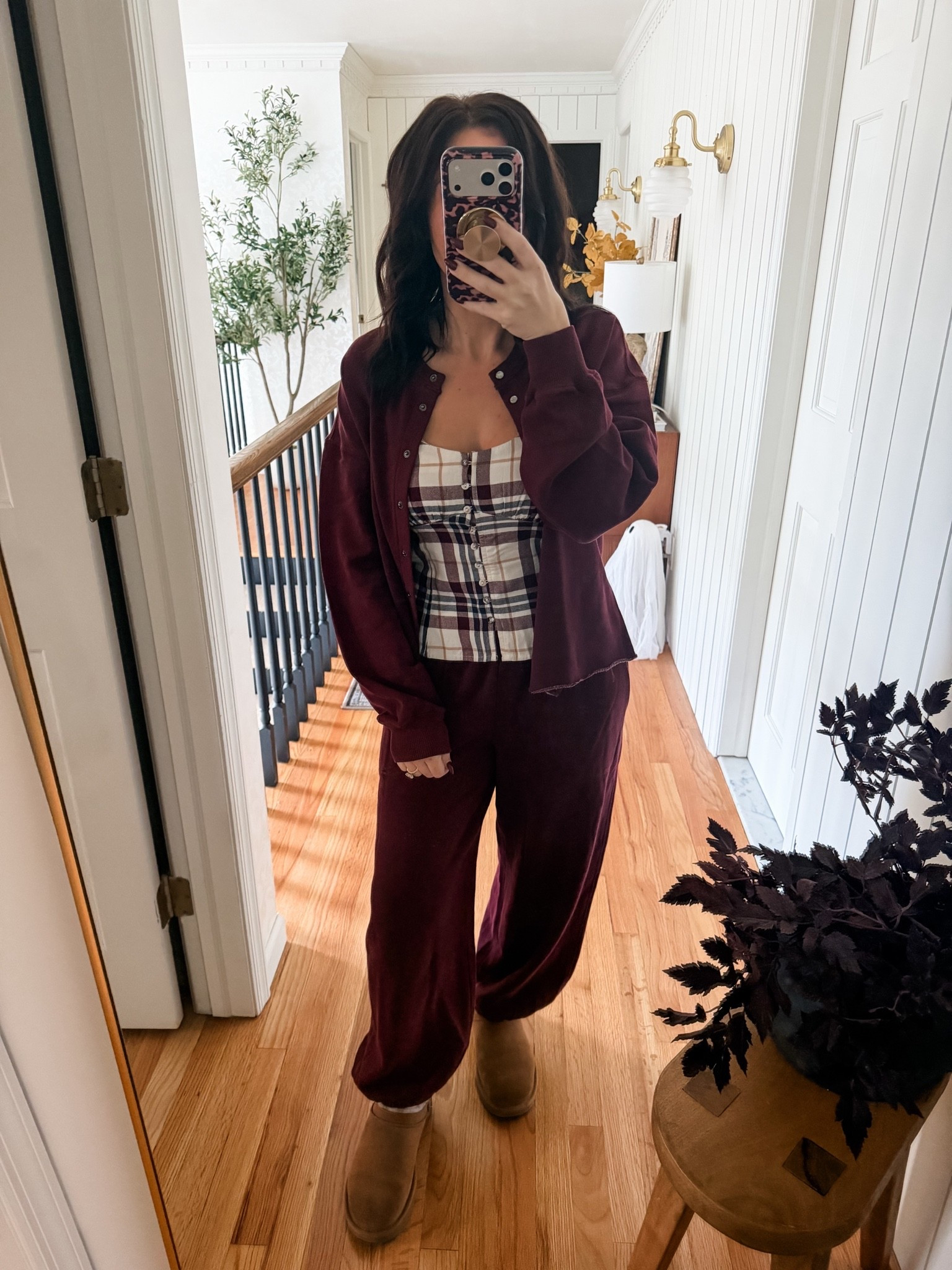 Cozy fall outfit inspo from @Aerie 
This royal berry color is so good!
Plaid tank size XS
Cardigan size xxs (oversized fit)
Sweatpants size XS short
*petite friendly!