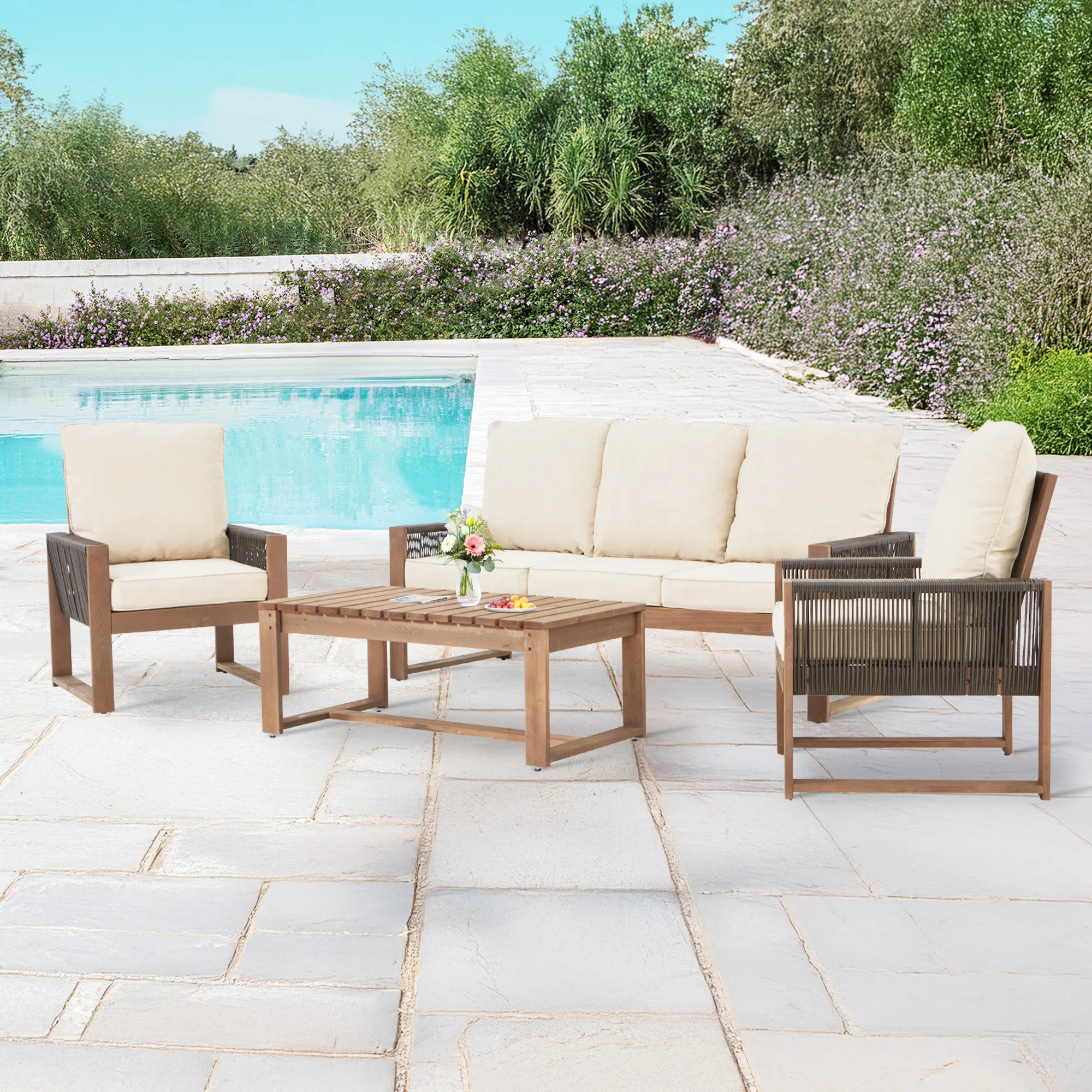 4-Piece Cedar Patio Set With PE Rope & Cushions - All-Weather Outdoor Conversation Group | Wayfair North America