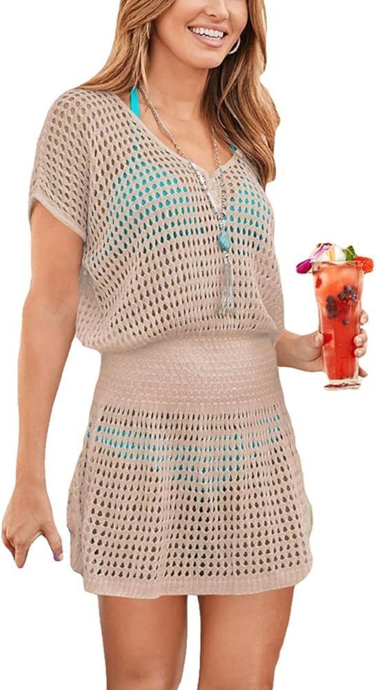 Bsubseach Women Crochet Hollow Out Swim Cover Ups Short Sleeve Beach Swimwear Tunic Dress | Amazon (US)