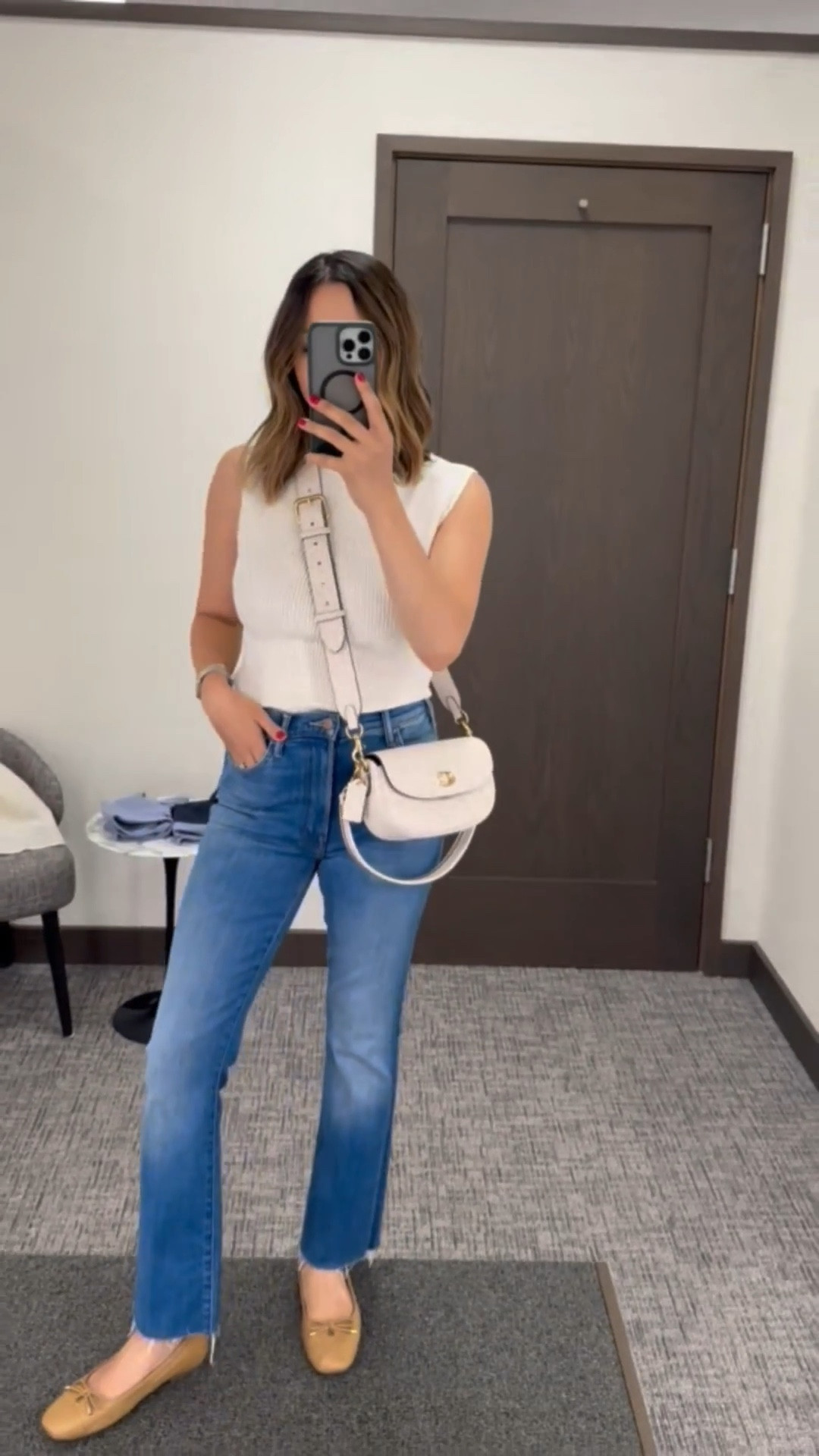 Mother hustler ankle slim bootcut jeans — a few sizes left (most likely to sell out) 

Wearing size 26 in the ‘no promises’ wash (I’m 5’4”) 

Open edit too — wearing medium (I fount it to run a little small), still available in 2 colors 
Coach purse — beautiful quality, can wear it as a crossbody or shoulder bag, available in 3 other colors 
Vionic Ballet flats — not part of the sale, but highly recommend as an everyday flat (a podiatrist approved brand) 

Linked to a few other designer jeans that are still in-stock 

#LTKSaleAlert