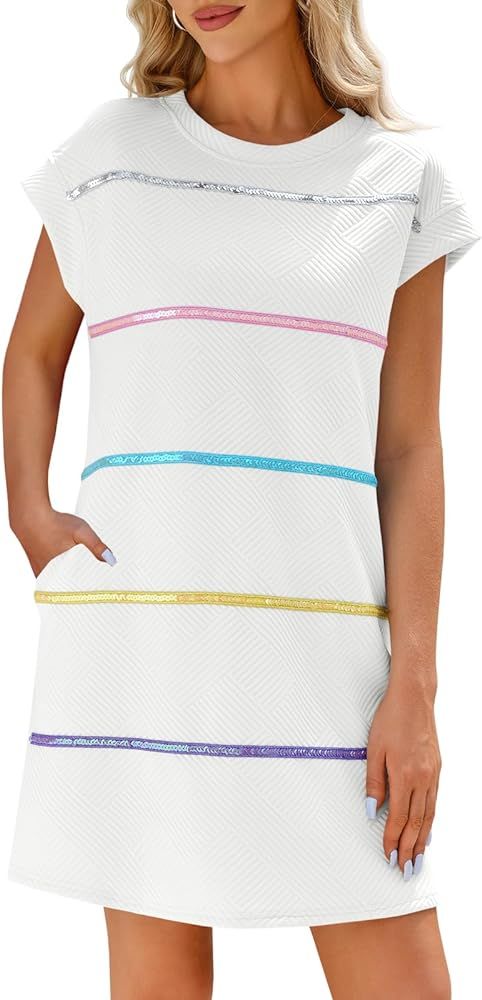Wenrine Womens Striped T Shirt Dress Summer Short Sleeve Loose Sequin Textured Casual Mini Shift ... | Amazon (US)