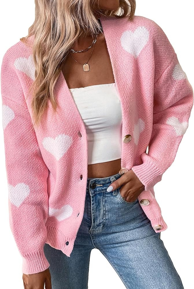 SHENHE Women's Button Down Cardigan Cute Heart Print V Neck Soft Cardigan Sweater Coat | Amazon (US)