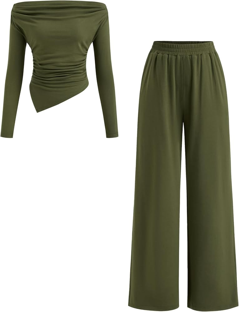 CIDER Two Piece Sets for Women Fall Outfits Off the Shoulder Tops Long Sleeve Asymmetrical Wide L... | Amazon (US)
