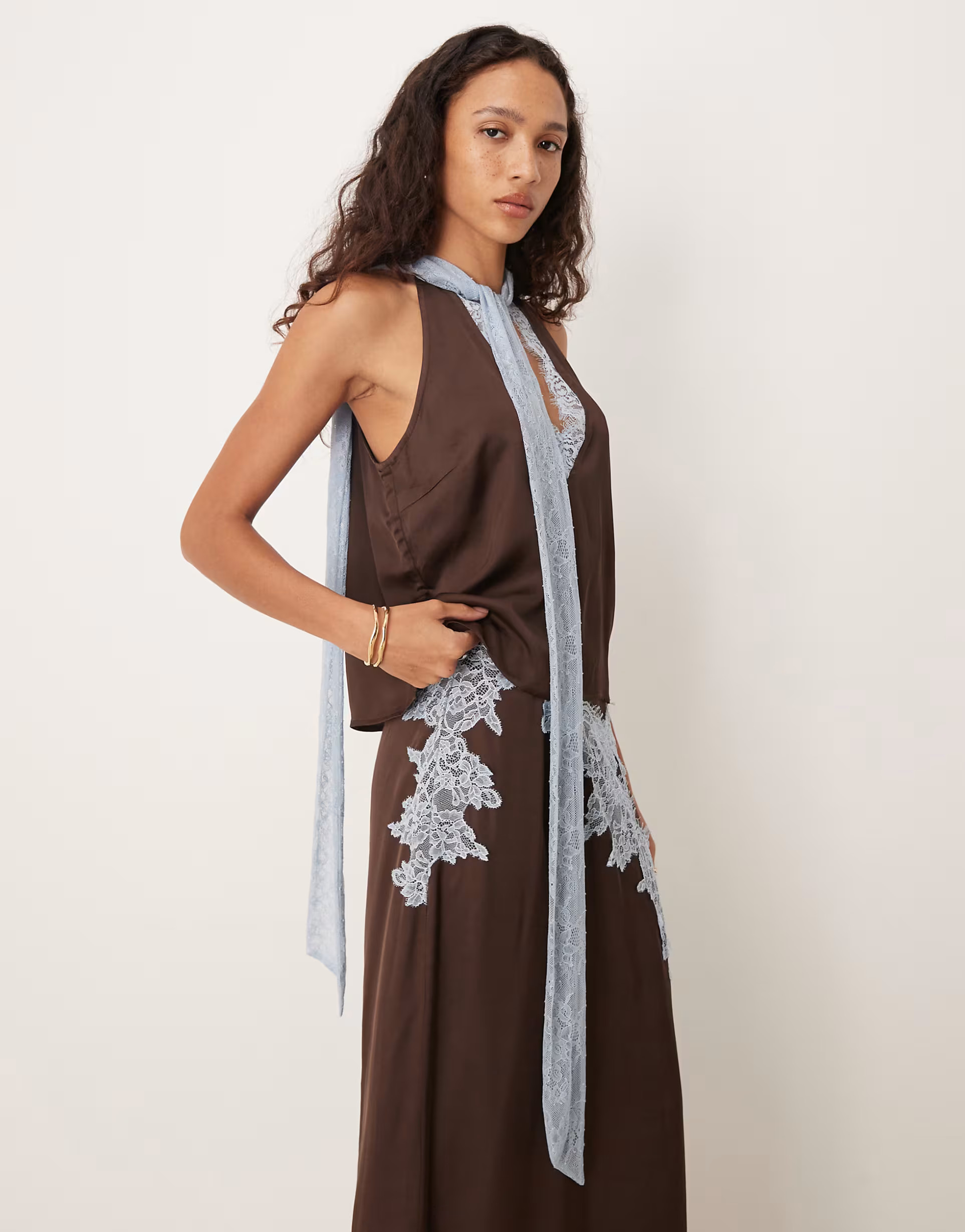 Never Fully Dressed satin scarf neck top and maxi skirt set in chocolate | ASOS (Global)