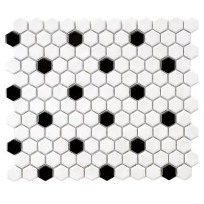Retro 0.875" x 0.875" Hex Porcelain Mosaic Tile in Glossy White with Black Dots | Wayfair North America