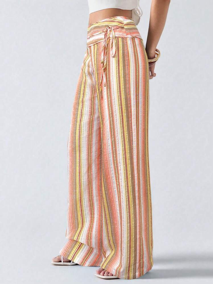 LYSMO Women's Striped Tie-Up Patchwork Long Pants | SHEIN