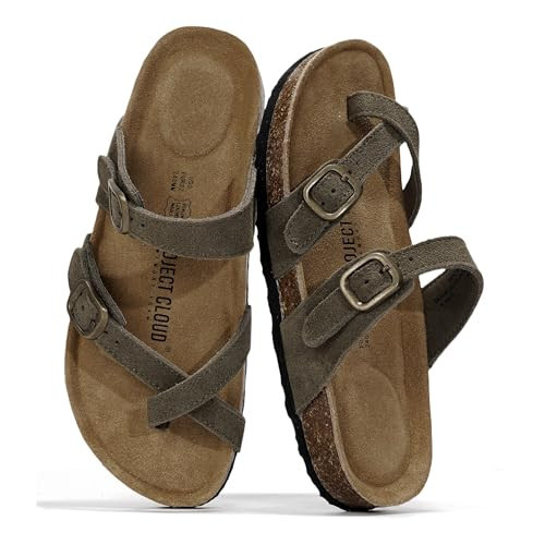 Project Cloud 100% Genuine Leather Womens Sandals -Lightweight Womens Slides Memory Foam Insole & Cork Footbed Sandals Women - Non-Slip Beach Essentials Summer Sandals for Women 2026(LIAN,Oliv, 8) | Amazon (US)
