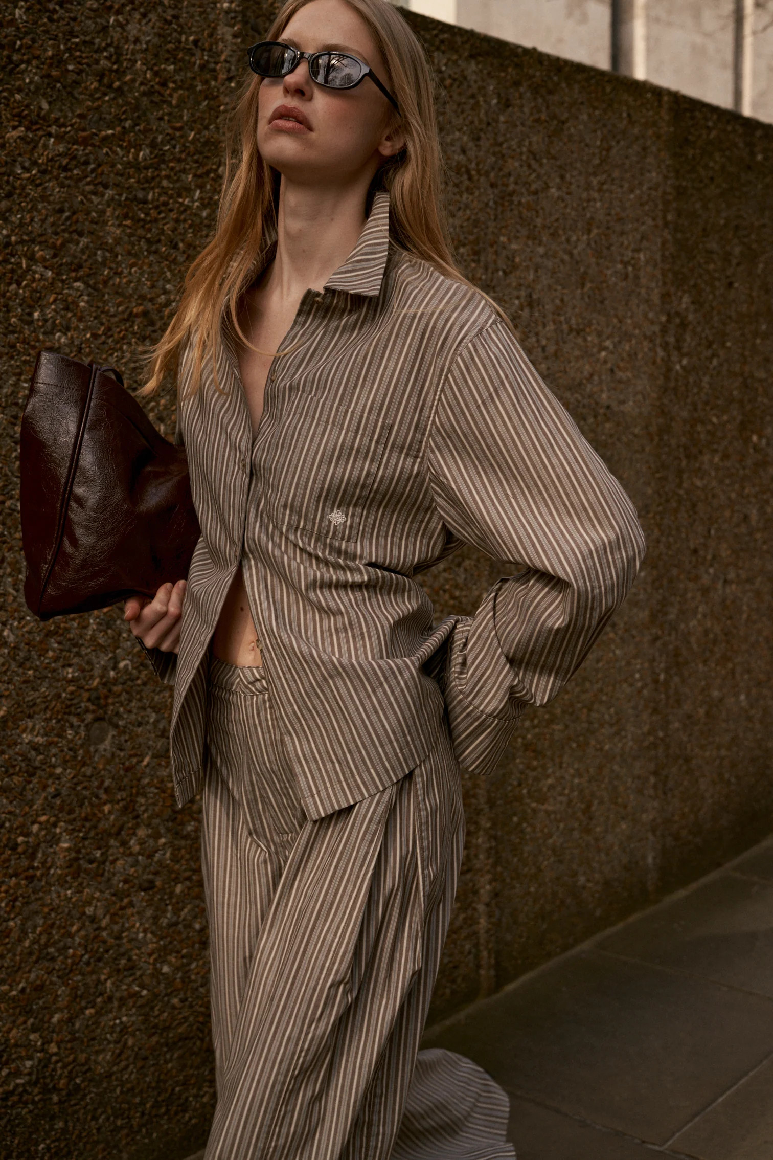 STRIPE TIE BACK EMBLEM SHIRT - KHAKI | The Couture Club
