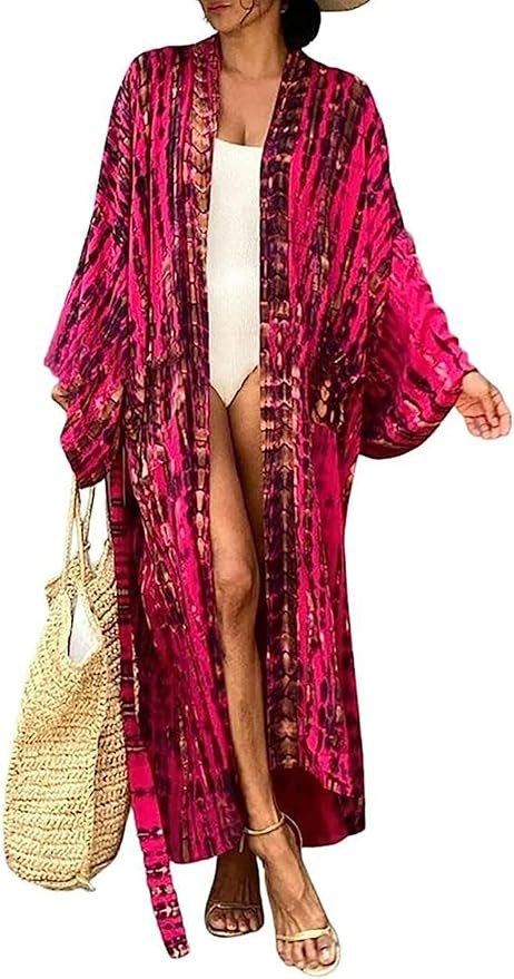 Chunoy Women Loose Open Front Long Beach Wear Cover Up Kimono Cardigan | Amazon (US)