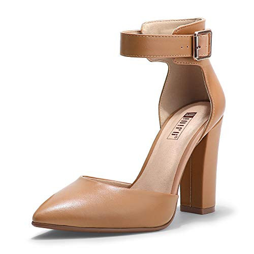 IDIFU Women's IN4 Pedazo High Block Heels Pumps Pointed Closed Toe Ankle Strap Dress Wedding Shoes (9.5, Nude Pu) | Amazon (US)