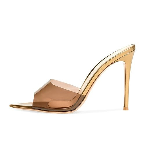 HEIDOUHEI Women's Clear Pointed Open Toe Stiletto Heel Slide Sandals Slip On Transparent Strap High Heels Mules 4.72 Inches Summer Backless Party Wedding Prom Dress Shoes,Champagne,37 | Amazon (US)