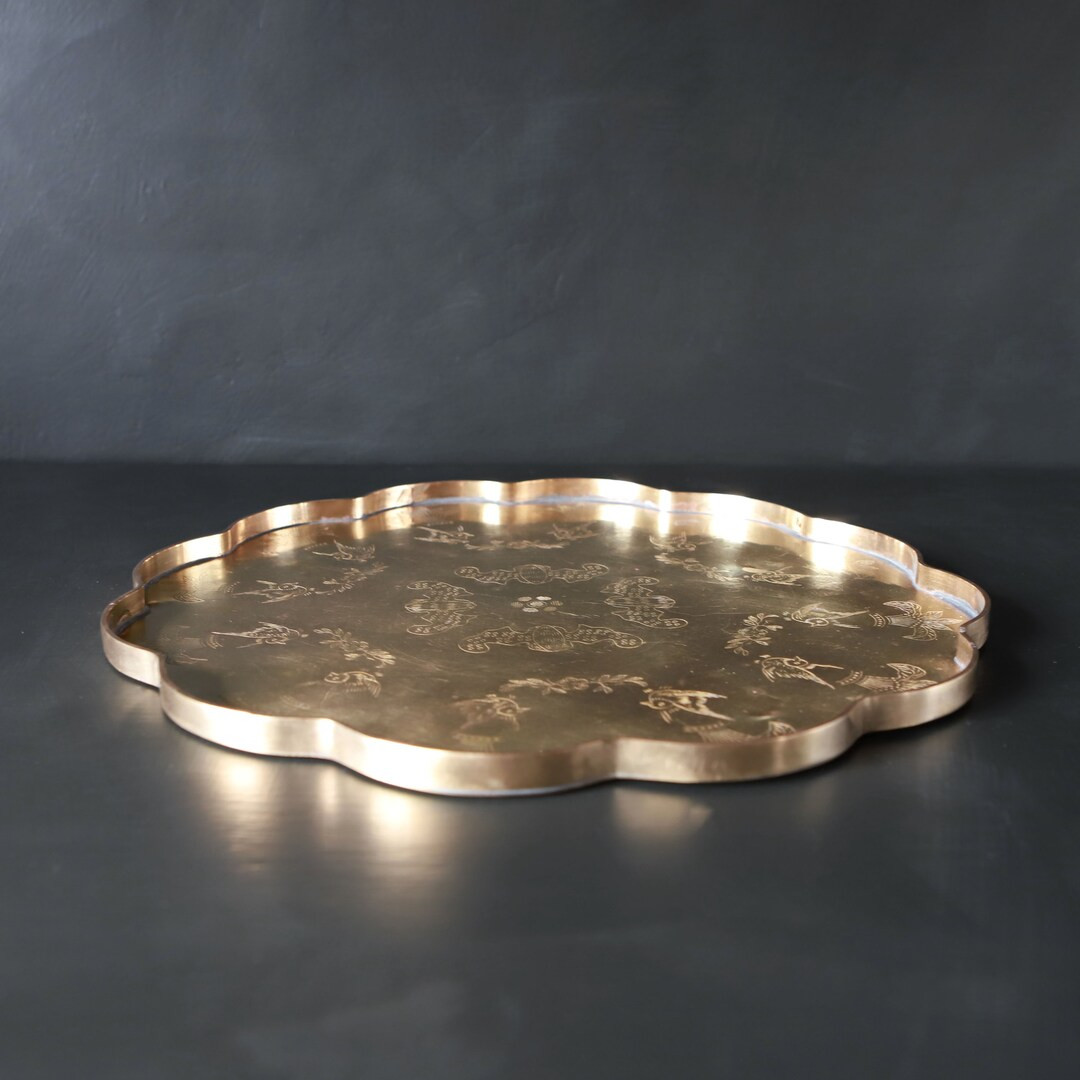 Asian Etched Brass Tray Birds Flower Bouquets & Bats Scalloped Edge Made in Hong Kong | Etsy (US)