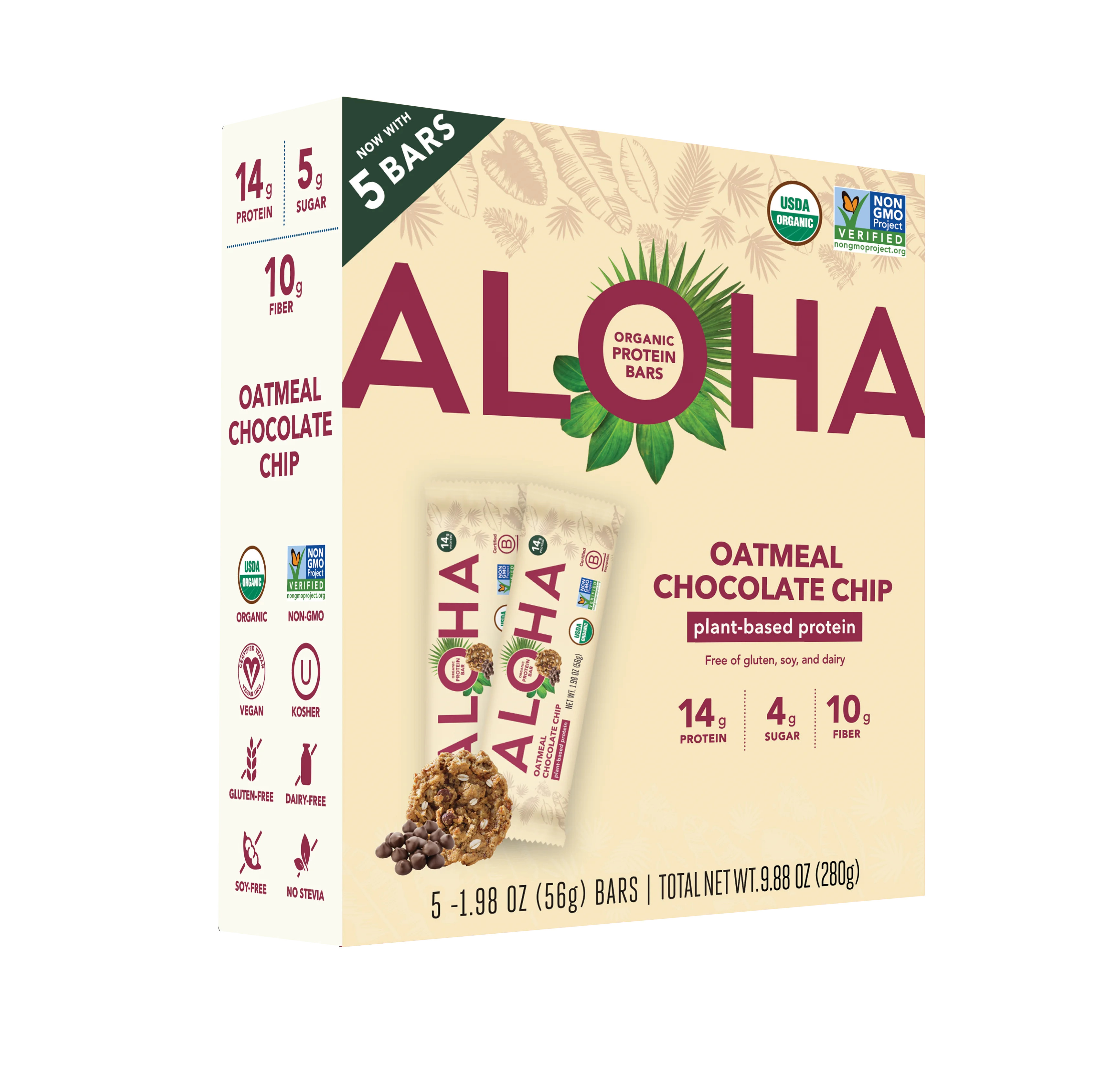 Aloha Plant-Based Protein Bars, 14g Protein, Oatmeal Chocolate Chip, 5 Pack | Walmart (US)