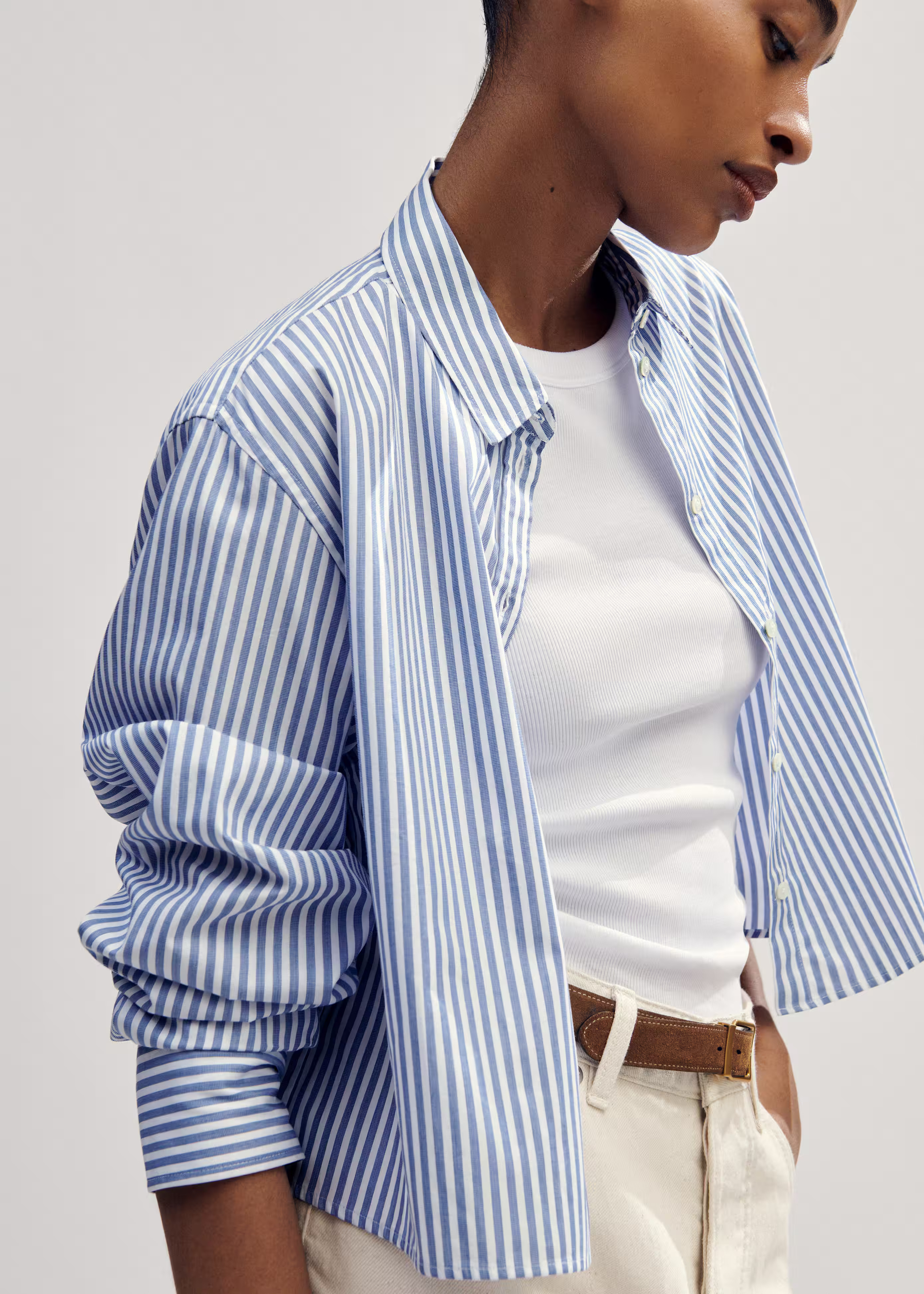 Women's Blue Cotton Striped Crop Shirt | ME+EM | ME+EM Global (Excluding US)