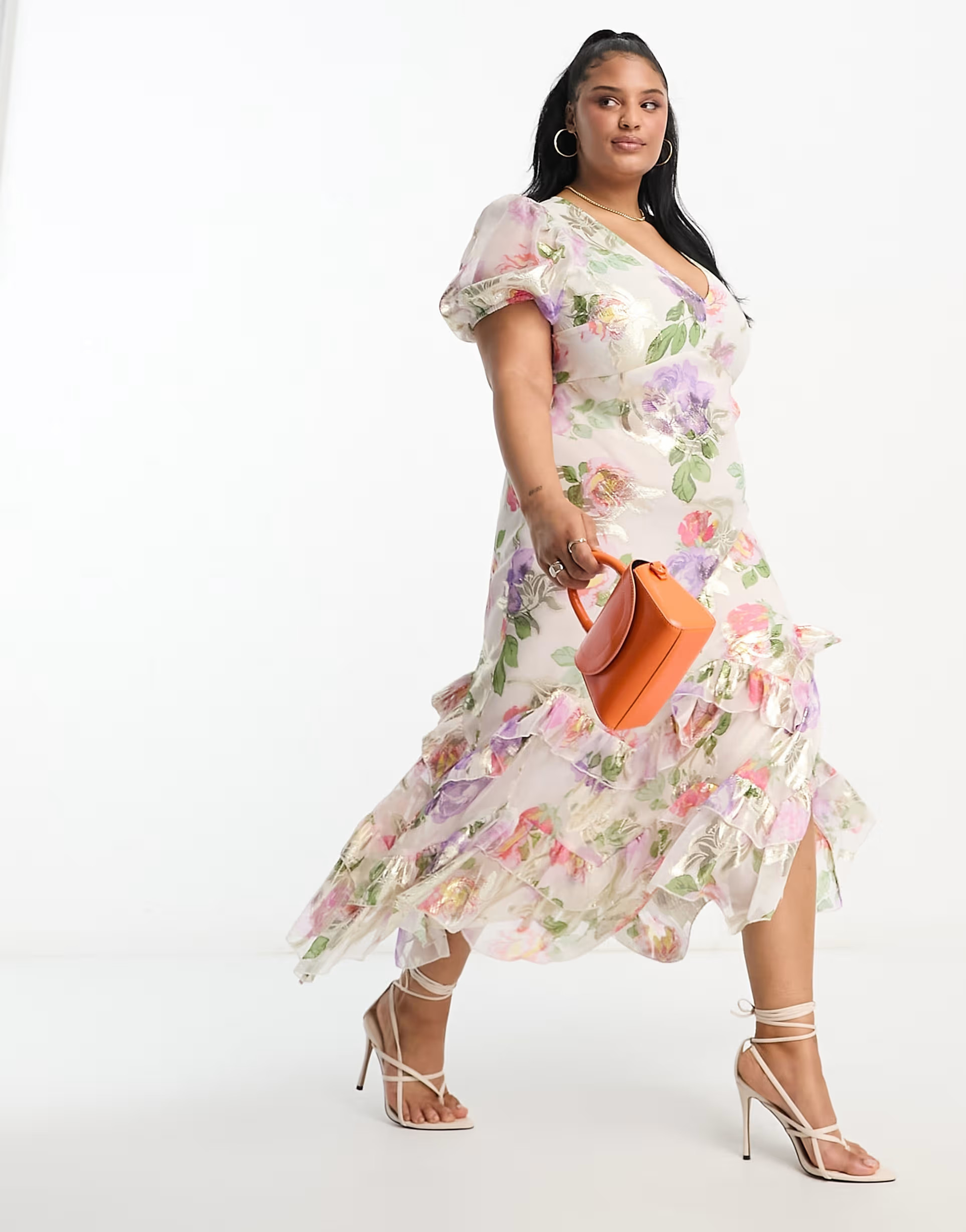 ASOS DESIGN Curve ruffle frill hem maxi dress in lurex rose print | ASOS (Global)