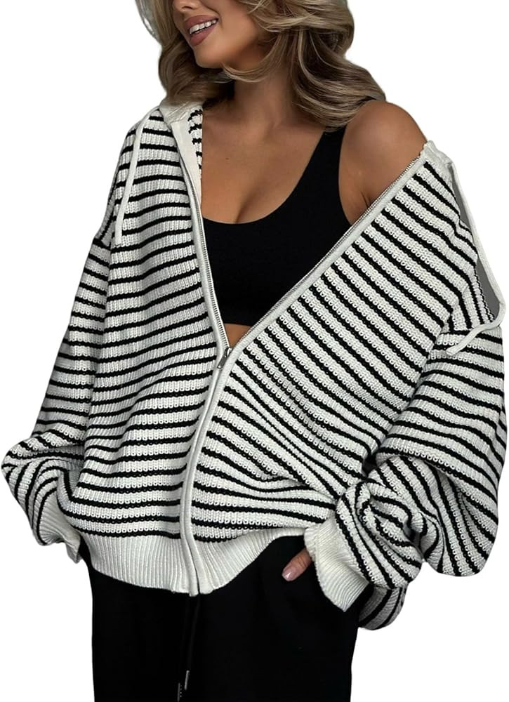 utcoco Womens Oversized Knit Hoodies 2025 Fall Outfits Fashion Zip Up Sweatshirt Contrast Striped... | Amazon (US)