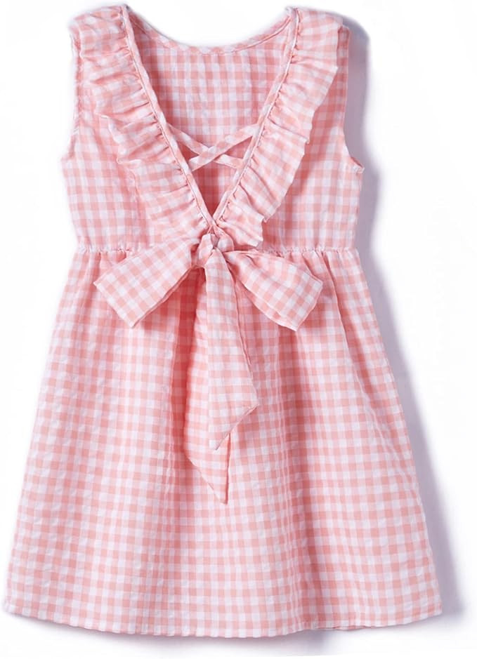 Rysly Toddler Baby Girls Cotton Linen Plaid Dress with Ruffle Back Straps and Bow Kids Casual Dre... | Amazon (US)