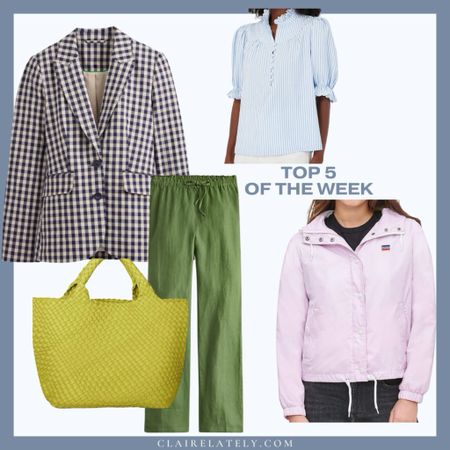 This weeks best sellers - Boden check blazer, tuckernuck stripe blouse top, Amazon tote bag, Levi’s windbreaker jacket, j.crew linen pants • Claire Lately 

#LTKfindsunder50 #LTKSeasonal #LTKfindsunder100