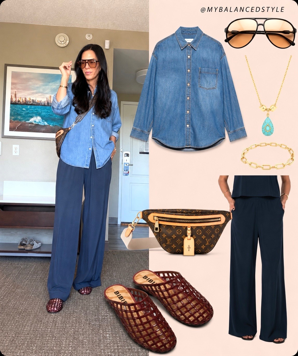 Day 1 of mom outfits for a sports weekend away. 
@Vuori US  villa pants - small tall 
@Aritzia denim shirt - small 
@Anthropologie jelly shoes that are insanely comfortable! 
@Thatch Jewelry  necklace