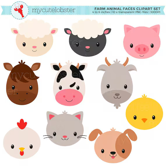 Farm Animal Faces Clipart Set - animal faces, farmyard, farm, cow, chicken, goat, cat - personal ... | Etsy (US)