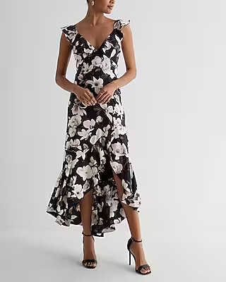 Satin Floral Ruffle Hi-Lo Maxi Dress | Express