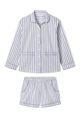 Poplin Piped Shorts Set in Navy Ticking Stripe | Lake Pajamas