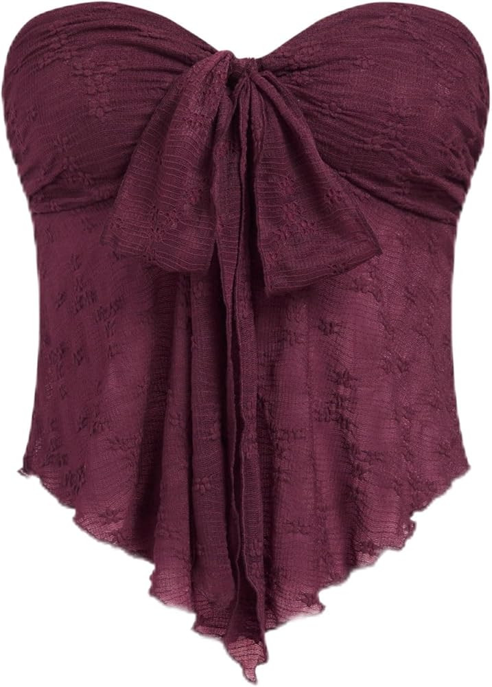 CIDER Summer Tube Tops for Women Floral Mesh Sheer Going Out Tops Cute Tie Front Strapless Flowy ... | Amazon (US)