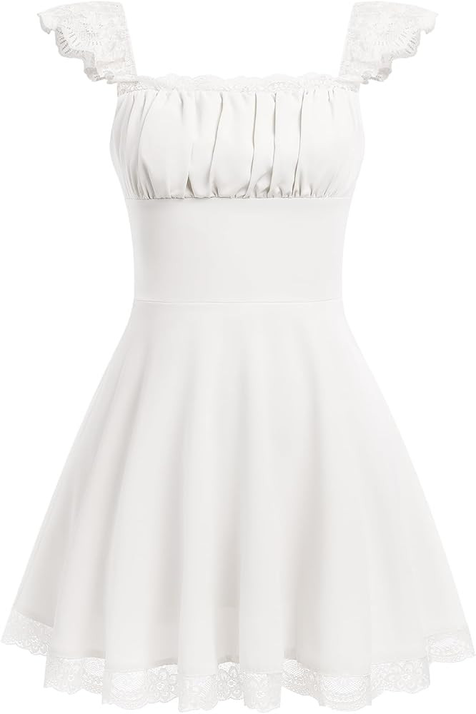 OBEEII Women's Square Neck Strap Lace Mini Dress Flowy A-Line Ruffle Swing Casual Summer Short Dr... | Amazon (US)