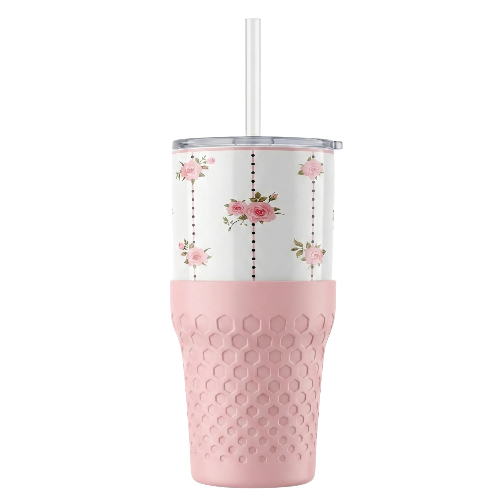 Biddlebee 30oz Insulated Stainless Steel Tumbler with Straw and Silicone Boot, Pink Roses - Walma... | Walmart (US)
