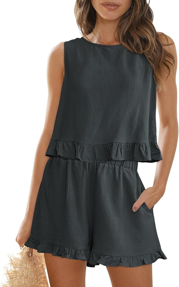 AUTOMET Womens 2 Piece Outfits Summer Sets Sleeveless High Neck Ruffle Crop Tops and High Waisted... | Amazon (US)